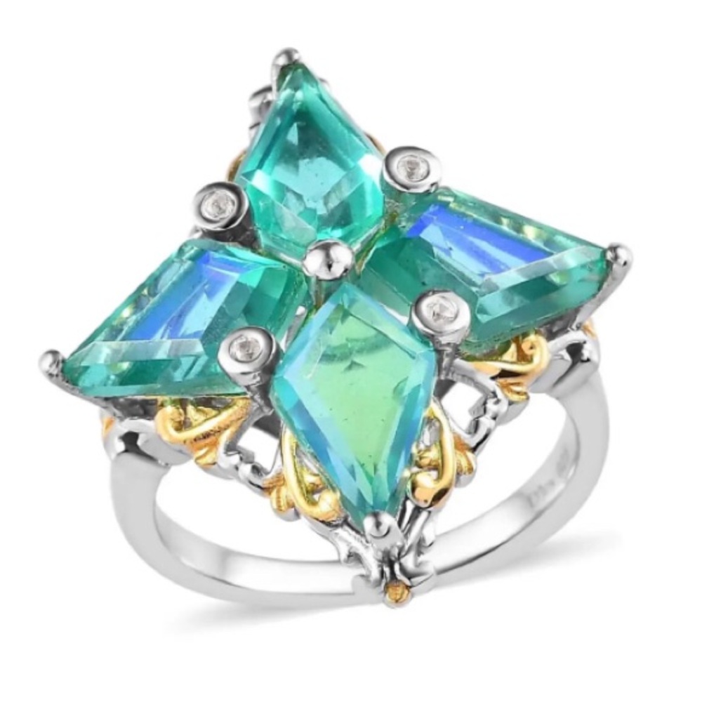RING Peacock Triplet Quartz & White Zircon in Vermeil 18K YG & Platinum Over SS